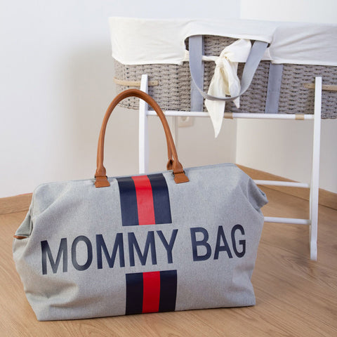 MOMMY BAG GREY CANVAS WITH BLUE AND RED STRIPES
