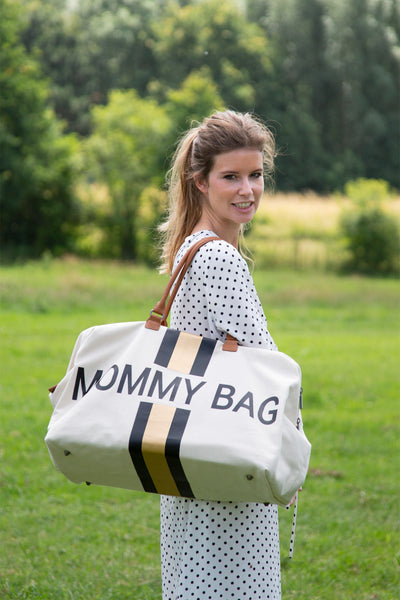 MOMMY BAG OFF-WHITE CANVAS WITH BLACK AND GOLD STRIPES