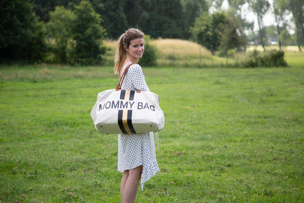 MOMMY BAG OFF-WHITE CANVAS WITH BLACK AND GOLD STRIPES