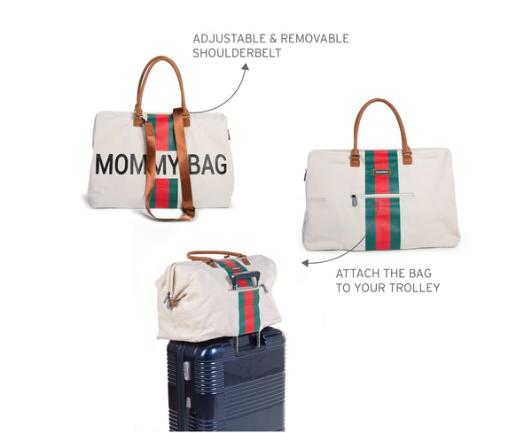MOMMY BAG OFF-WHITE CANVAS WITH GREEN & RED STRIPES